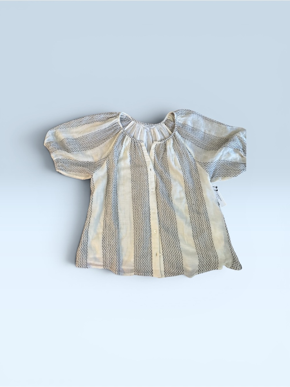 Liverpool Soft Striped Button-Front Oversized Peasant Blouse Cream & Gray L/XL